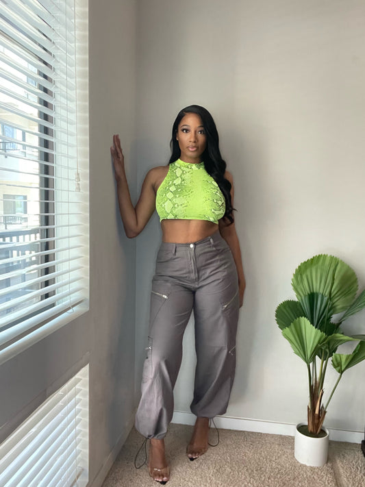 Snake Print High Neck Sleeveless Crop Top - Neon Green