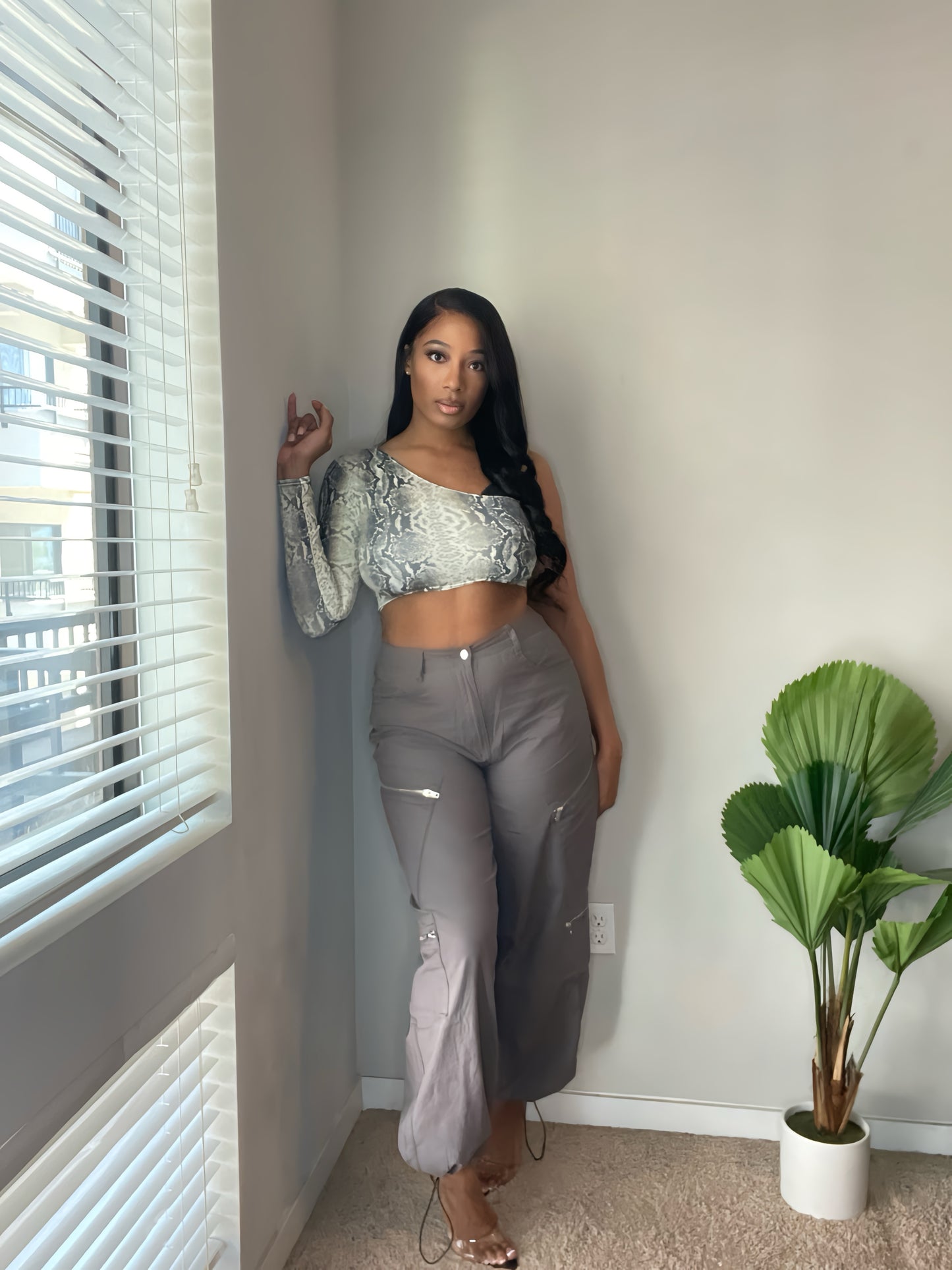 Snake Print One Shoulder Long Sleeve Crop Top