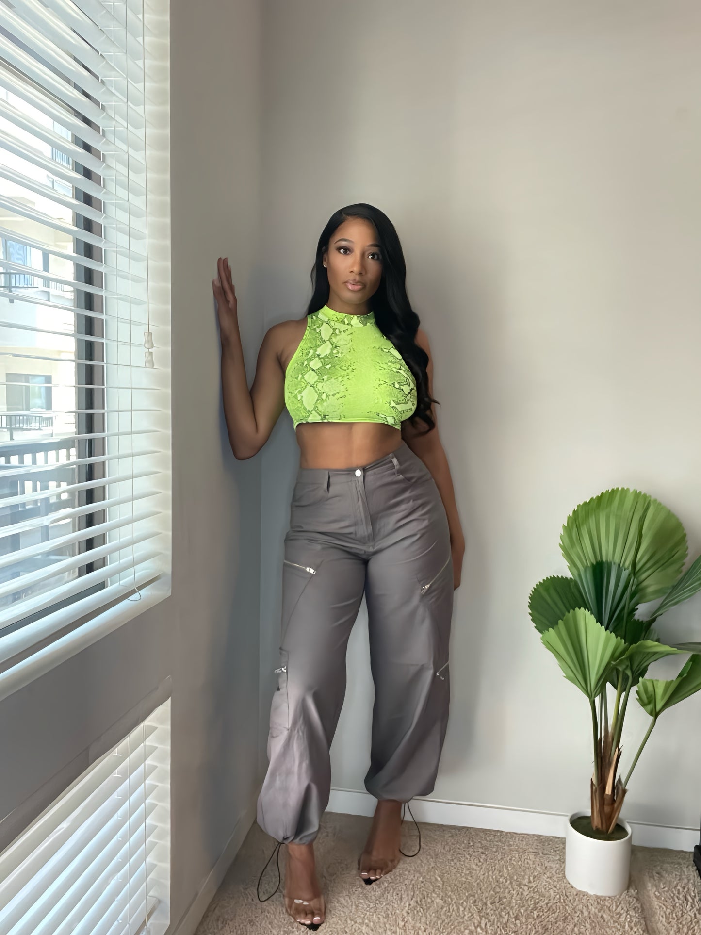 Snake Print High Neck Sleeveless Crop Top - Neon Green